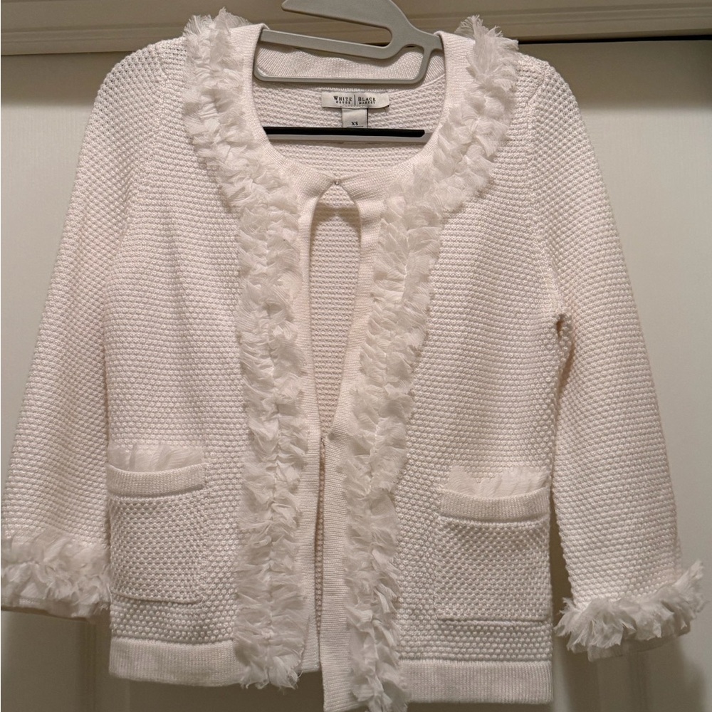 White Textured Cardigan with Ruffle Trim